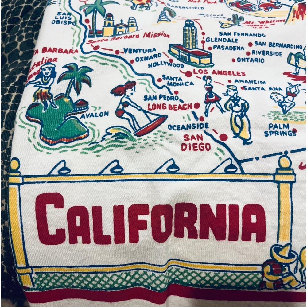 Vintage Yucca Print Tablecloth CALIFORNIA Cities Souvenir Cactus Cloth 32 X 37